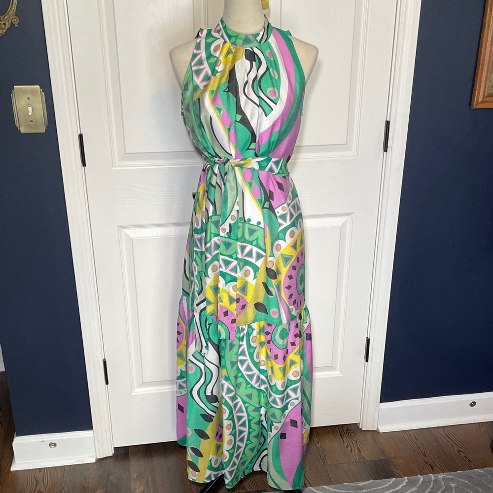 Jade Melody‎ Tam Green Halter Maxi Dress Tie Belt Ruffle Bottom Size Small